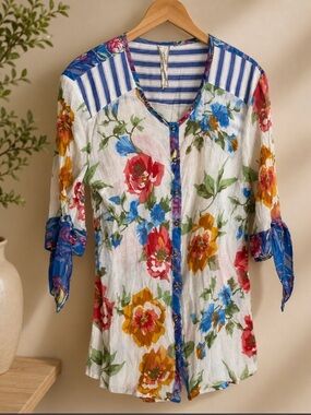 Aratta Silent Journey XL NWT Floral Button-Up Blouse with Stripes